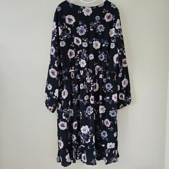 Aqua Curve Dress 2X Floral Smoked Waist LS Midi Ruffle Hem Lined V Neck USA Made - Picture 3 of 16